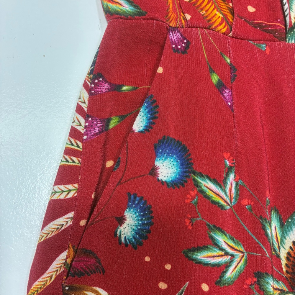 Farm Rio Jumpsuit Women Size XS Elegant Red Floral V-neck long sleeves waterfall - Picture 13 of 13